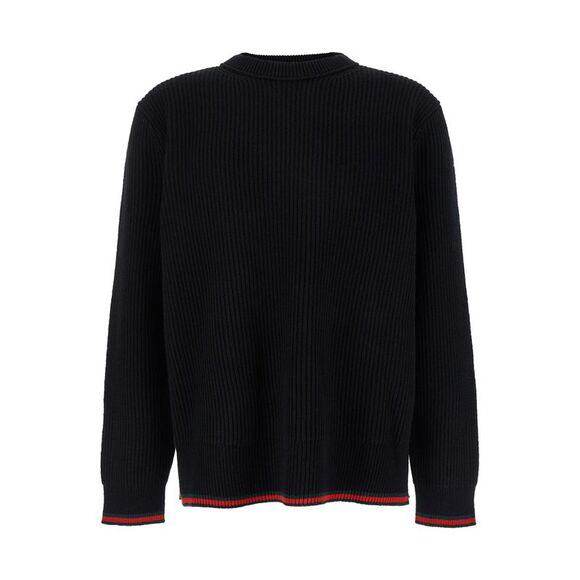 Gucci Men Black Crewneck Sweater With Web Detail In Ribbed Wool Blend Man